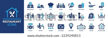 Restaurant icon set. Restaurant business and food delivery icon concept, containing server, meal, cooking, menu, restaurant, food delivery, fast food and dinner icons. Solid icon collection. Royalty-Free Stock Photo #2239240813