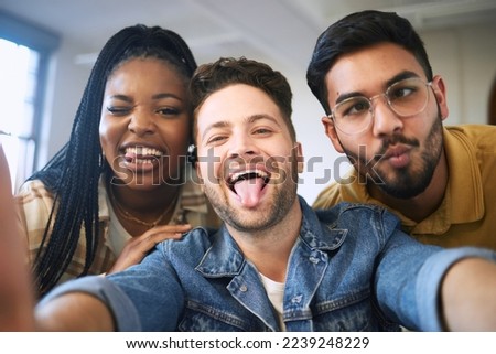 Comic, selfie and portrait of friends at university with funny face expression in humor, fun and crazy picture. Education, diversity and happy group of students at college, school and academic campus