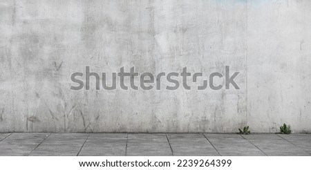 Clean Aged Concrete Grey Street Wide Wall and Sidewalk Floor with Pieces of Grass Weeds on the Ground.  Royalty-Free Stock Photo #2239264399