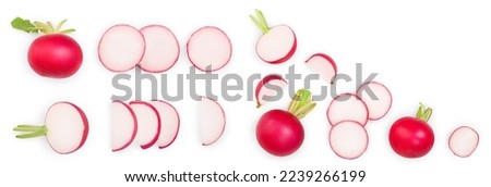 fresh whole and sliced radishes isolated on white background with copy space for your text. Top view Royalty-Free Stock Photo #2239266199