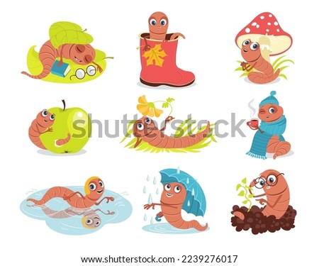 Cute soil worm characters. Cartoon mascot with different objects. Garden useful inhabitants. Biology and nature. Caterpillar activities. Earthworm with apple and book