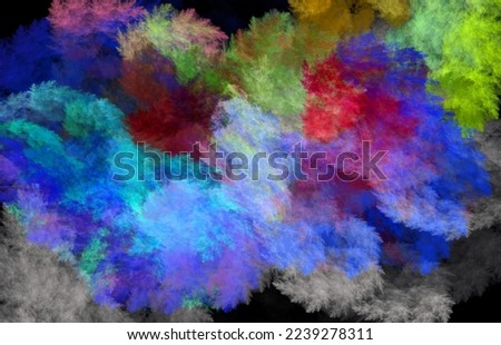 Multicolored soft abstract clouds on a black background. Abstract fractal colorful background. 3D rendering. 3D illustration.