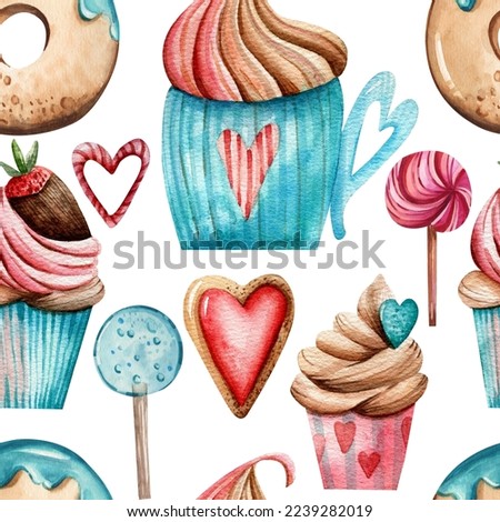 Seamless watercolor pattern. Hand drawn cupcakes, a cup of cocoa, lollipops, cookies on a white background. Design for wrapping paper, valentine's day.