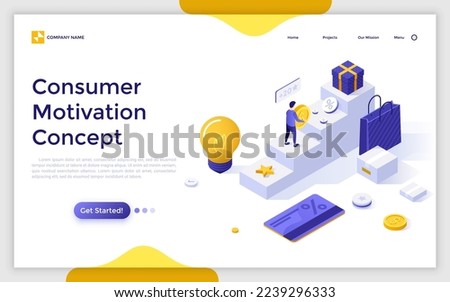 Landing page template with man holding dollar coin ascending stairs leading to gift or present. Concept of studying consumer motivation, customer incentive research. Isometric vector illustration. Royalty-Free Stock Photo #2239296333