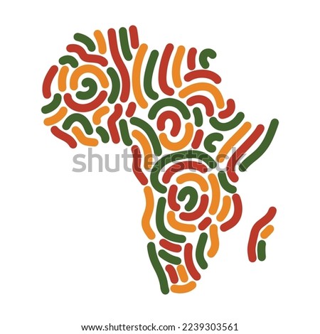 Africa map, decorative silhouette of African continent with abstract lines ornament in color of Pan African flag - red, yellow, green. Liner stroke smooth round lines ornament in shape of Africa Royalty-Free Stock Photo #2239303561