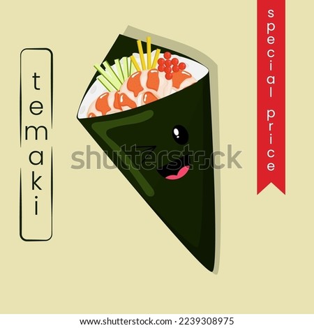 Cute kawaii temaki sushi banner, poster, social media post template.