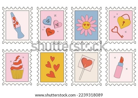 Collection of valentines day stamps in retro groovy style
