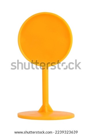 Information round plastic sign board orange signpost stand display frame blank billboard. Isolated on white background