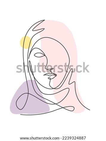 Single continuous line drawing beautiful aesthetic portrait woman abstract face. Pretty female silhouette in hijab minimalist style concept. Trendy one line draw design vector graphic illustration