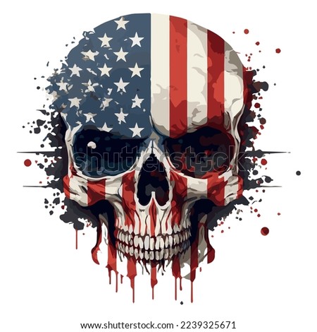 America Flag painted on a skull head  Vector Illustration. Made in the USA stamp, T-Shirt grunge graphics. Watercolor brush textured demonic American flag print.