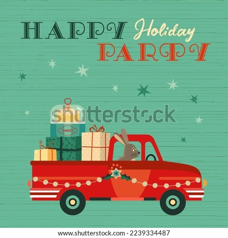Bunny Rabbit deliver presents to holiday party fancy vector poster. Funny rabbit transport gifts by truck design. Lunar New Year symbol hare illustration. Festive holiday event celebration background