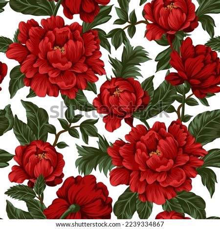 Seamless pattern with red peonies. Vector