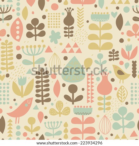 Gentle floral background with cute birds in vector. Seamless pattern can be used for wallpapers, pattern fills, web page backgrounds, surface textures. Gorgeous vector background in stylish colors