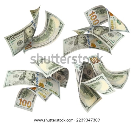 Collection of flying hundred dollar banknotes, isolated on white background