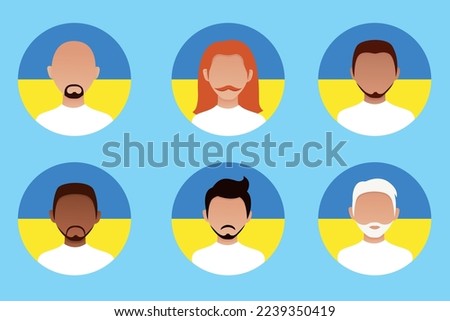 A set of male avatars on the background of the flag of Ukraine. Europeans and Americans support Ukraine.	
