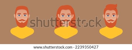 Young red-haired man with a beard and different hairstyles avatar. Portrait of a European man with red hair. Flat vector illustration