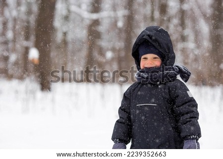 Portrait of a beautiful little Russian boy in winter in the park. Snow is falling. Cold. Red cheeks. The concept of a happy childhood and remedies for the skin from frost.