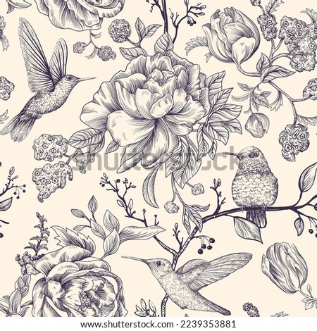 Sketch pattern with birds and flowers. Monochrome flower design for web, wrapping paper, phone cover, textile, fabric, postcard