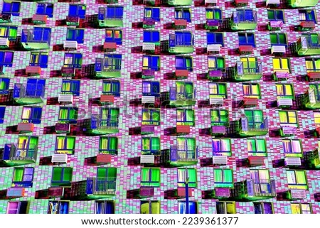 Frontal view of the facade of the building with many windows. Changed color scheme. Colorful background