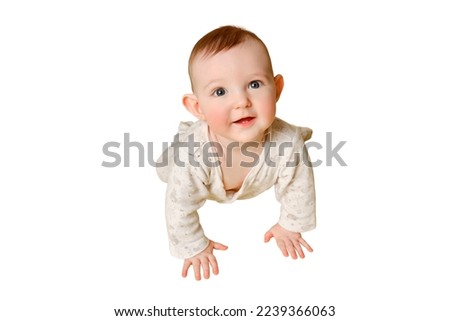 Happy toddler baby crawling, isolated on a white background. Funny child boy with a smile on his face, copy space