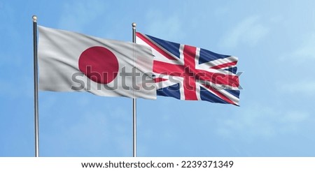 Japan flag with the United Kingdom  flag
3D rendering with blue sky background