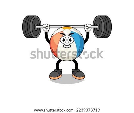 beach ball mascot cartoon lifting a barbell , character design