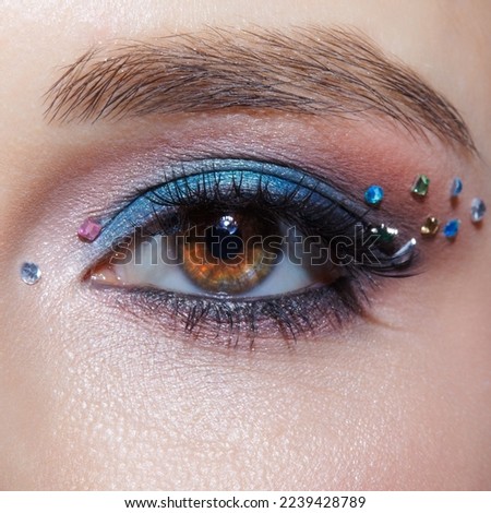 Closeup macro shot of human female brown color eye. Woman with natural evening vogue face beauty makeup. Girl with perfect skin, with blue eye shadow make up and rhinestones. Royalty-Free Stock Photo #2239428789