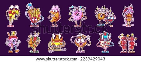 Fast food retro stickers, cute vintage labels. Funny characters of pizza, burger, french fries, hot dog, donut, croissant, ice cream, cola and cake, vector cartoon set in y2k style