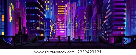 Modern night city view from top of roof. Cartoon vector illustration of cityscape illuminated with colorful neon lights in windows, skyscraper buildings shining in darkness, megalopolis architecture Royalty-Free Stock Photo #2239429121