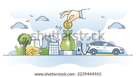 EV tax and electric vehicle purchase support from government outline concept. Financial payment for sustainable, green and renewable power consumption choice vector illustration. Hybrid cost benefits. Royalty-Free Stock Photo #2239444965