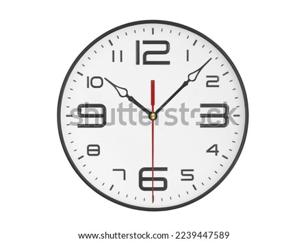 Round clock with black and red pointers isolated on white background