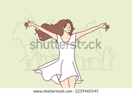 Happy woman runs through park in white flowing dress and enjoys warm summer weather. Young beautiful lady with long hair rejoices in walk and hot spring day. Flat vector illustration