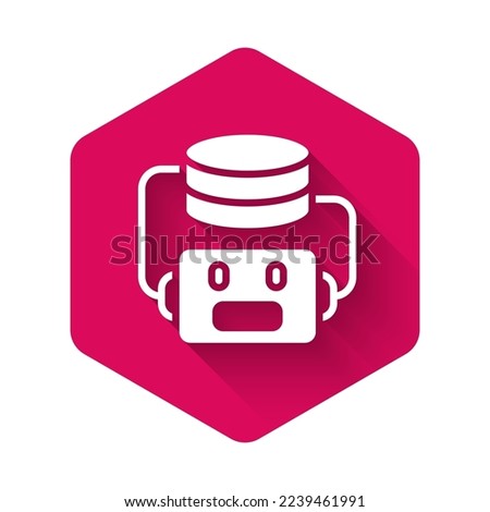 White Artificial intelligence robot icon isolated with long shadow background. Machine learning, cloud computing. Pink hexagon button. Vector