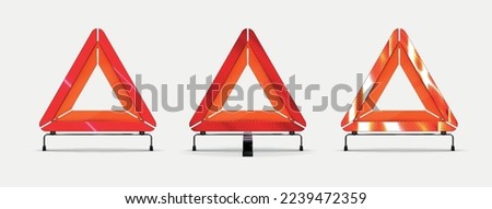 Warning car sign. Road sign vector illustration symbol object. Icon style realistic design. Emergency stop isolated under the white background. Red reflective warning triangle sign. 3 versions. Royalty-Free Stock Photo #2239472359
