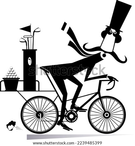 
Man on the bike goes to play golf illustration.
Cycling long mustache man in the top hat with golf clubs and balls is on the way to the golf course. Black on white
