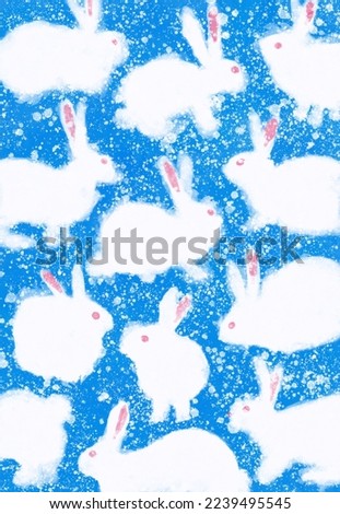 White fluffy rabbits on a blue background, Snow and animals, clip arts for design, postcard.