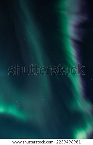Green northern lights at night landscape photo. Beautiful nature scenery photography with starry sky on background. Idyllic scene. High quality picture for wallpaper, travel blog, magazine, article