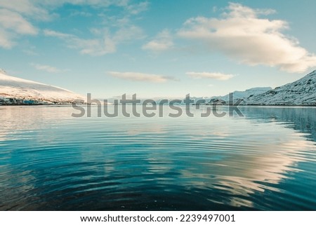 Sea bay with snowy mountains on coast landscape photo. Beautiful nature scenery photography with sky on background. Idyllic scene. High quality picture for wallpaper, travel blog, magazine, article