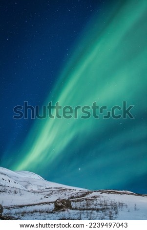 Snowy hills under northern lights landscape photo. Beautiful nature scenery photography with dark sky on background. Idyllic scene. High quality picture for wallpaper, travel blog, magazine, article