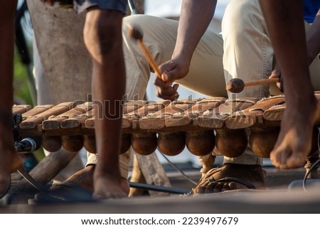 People dancing to traditional cultural heritage Mozambican wood xylophone like instrument known as timbila or mbila played with rubber drum sticks Royalty-Free Stock Photo #2239497679