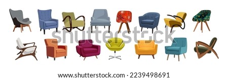 Big Set of different mid century modern accent armchairs. Collection of trendy chairs, fashionable furniture elements for Living room, lounge. Vector realistic illustrations isolated, white background