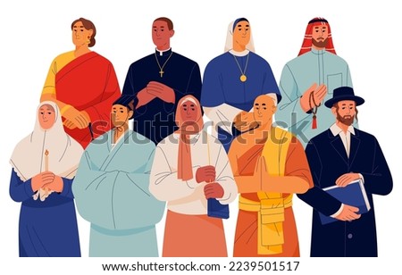 People of different religious culture. World religion diversity concept. Christian, Muslim, Buddhist, Rabbi portrait. Various holy clergy. Flat graphic vector illustration isolated on white background Royalty-Free Stock Photo #2239501517