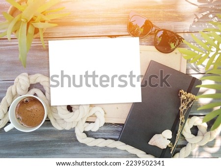 Photo template with empty white paper list, coffee, outdoor summer photo top view, tropic style