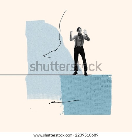 Creative design. Vintage portrait of male mime artist expressing anger. Silent emotions. Concept of entertainment, retro circus, artistic lifestyle, show, fun, emotions. Artwork.