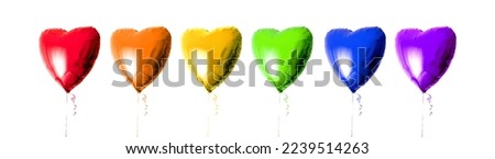 6 heart shaped balloon filled with helium in the lgbt flag community colors. Rainbow colours. Banner with white background. Festive certificate. LGBTQ day party. Business card. Diversity love concept.
