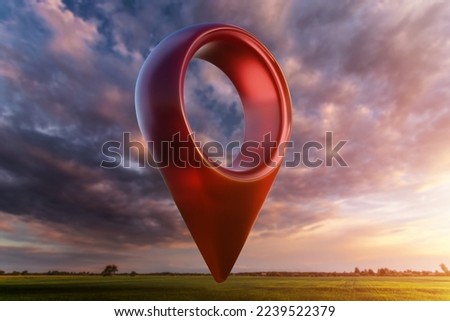 Green field and sunset with destination big red pin location. Concept of goal, dream, end, picnic, victory. mixed media Royalty-Free Stock Photo #2239522379