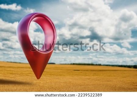 A yellow field with the location of a large red destination pin. Concept of goal, dream, end, picnic, victory. mixed media Royalty-Free Stock Photo #2239522389