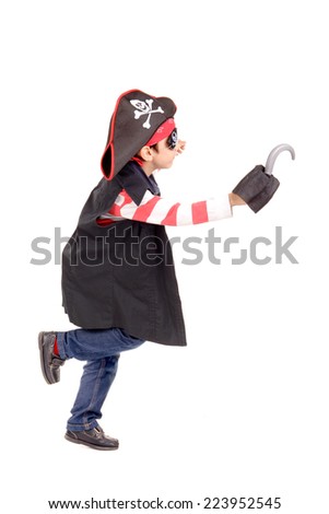 little boy dressed as a pirate isolated in white