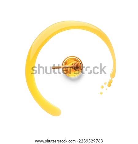 honey dipper with honey in circle form. Honey was poured on white background with copy space. Design concept. Space for text.
