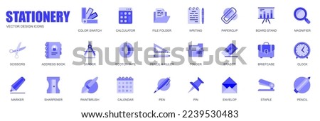 Stationery concept of web icons set in simple flat design. Pack of color swatch, file folder, paperclip, board, stand, magnifier, scissors, calendar and other. Vector blue pictograms for mobile app